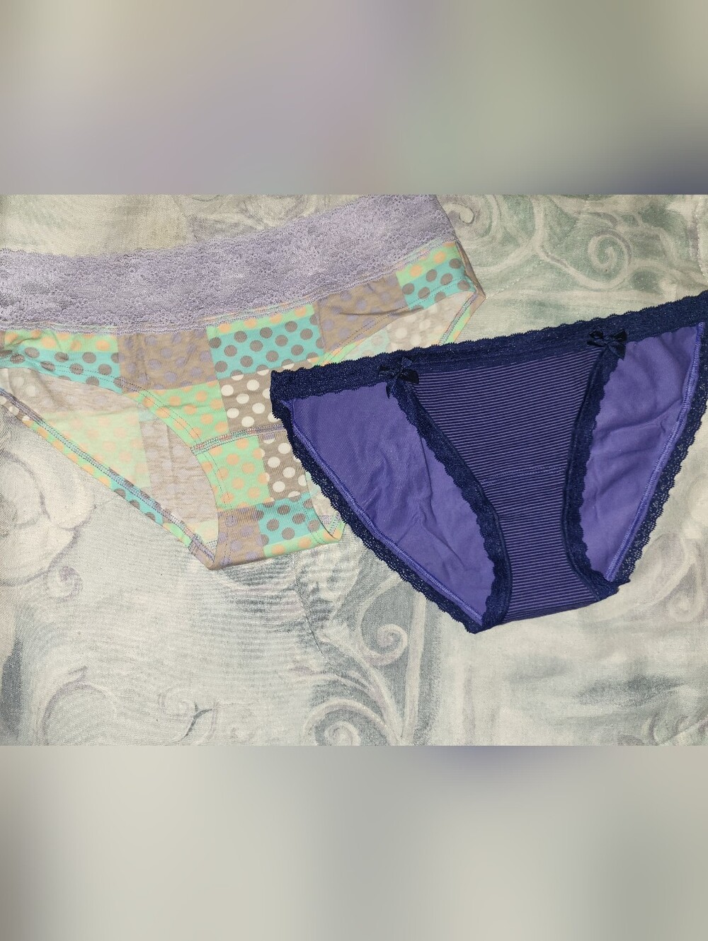 2 Victoria's Secret Navy Purple String Bikini & Pastel Patch Hiphugger, Size M